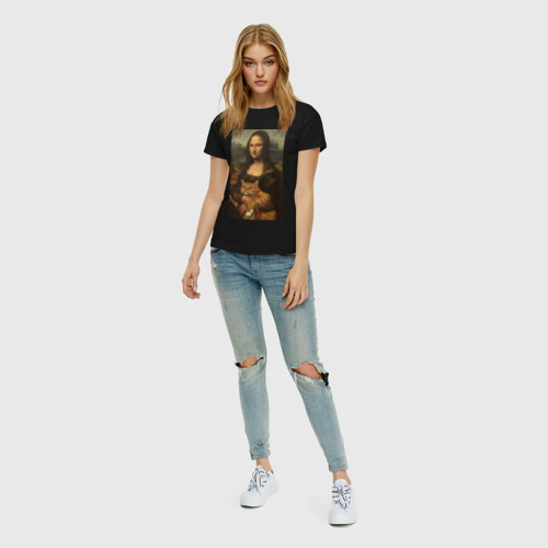 Женская футболка с принтом Моно Лиза с котом, вид сбоку #3