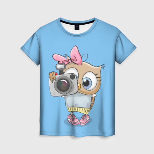 Женская футболка 3D с принтом Совушка с фотиком, вид спереди #2