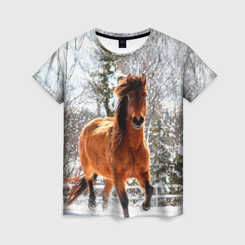 Женская футболка 3D с принтом Конь и снег, вид спереди #2