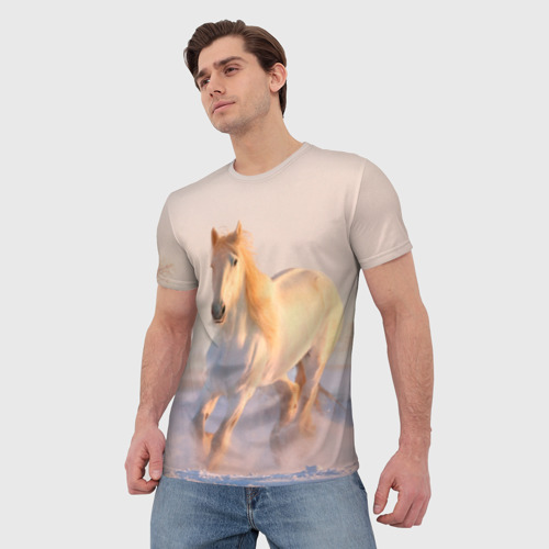 Мужская футболка 3D с принтом Белая лошадь, фото на моделе #1
