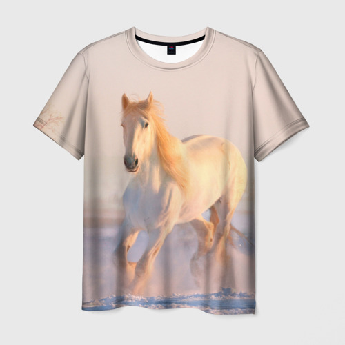 Мужская футболка 3D с принтом Белая лошадь, вид спереди #2