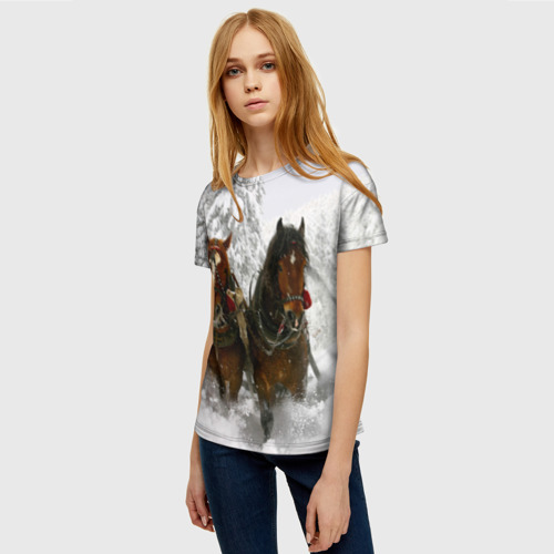 Женская футболка 3D с принтом Лошади и снег, фото на моделе #1