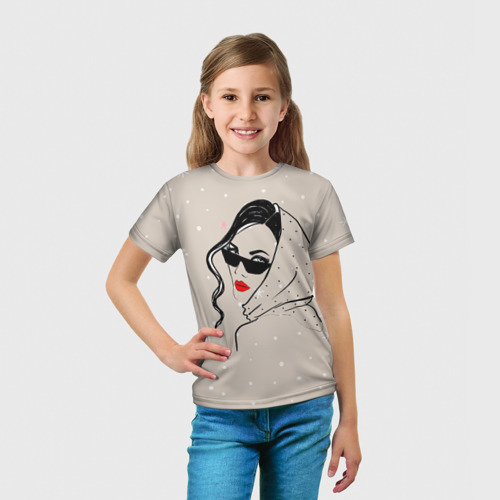 Детская футболка 3D с принтом Модная девушка в очках, вид сбоку #3