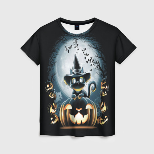 Женская футболка 3D с принтом Хэллоуин Кот, вид спереди #2