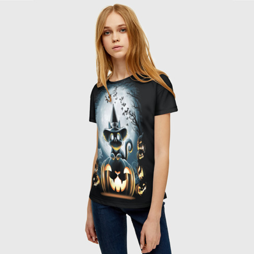 Женская футболка 3D с принтом Хэллоуин Кот, фото на моделе #1