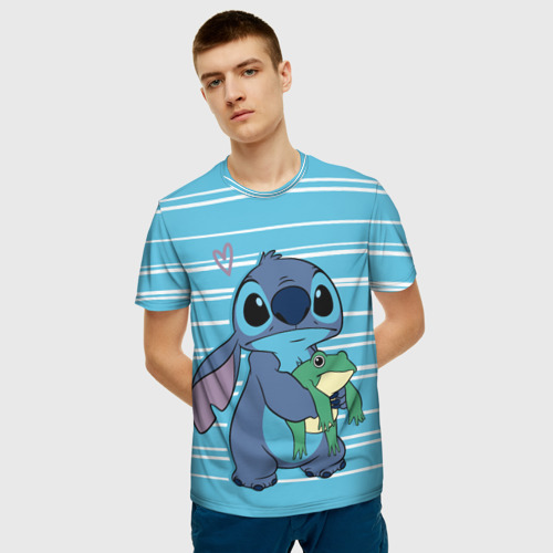 Мужская 3D футболка с принтом Стич с лягушкой, фото на моделе #1