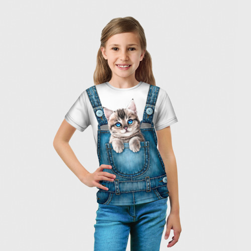 Детская футболка 3D с принтом Котенок в кармане, вид сбоку #3
