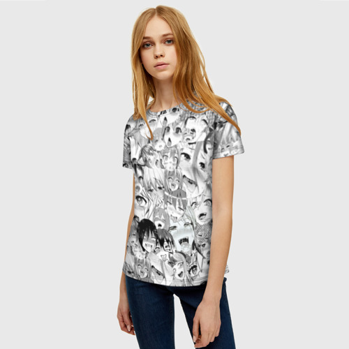 Женская футболка 3D с принтом Ahegao monochrome, фото на моделе #1