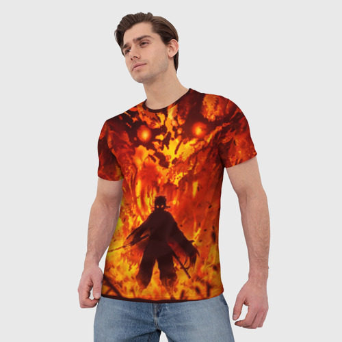 Мужская футболка 3D с принтом Ренгоку Кенджуро в пламени Клинок рассекающий демонов, фото на моделе #1