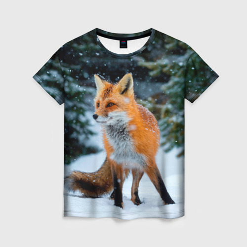 Женская футболка 3D с принтом Лиса в зимнем лесу, вид спереди #2