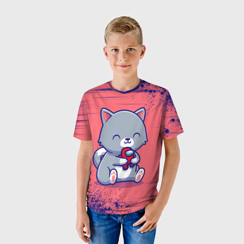 Детская футболка 3D с принтом AMONG US - С КОТИКОМ, фото на моделе #1