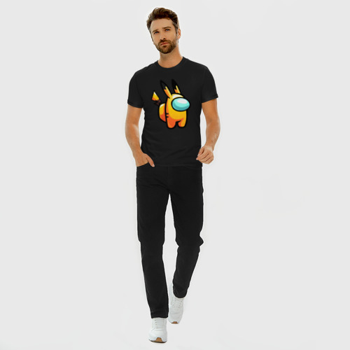 Мужская футболка хлопок Slim с принтом Among Us - Pikachu, вид сбоку #3