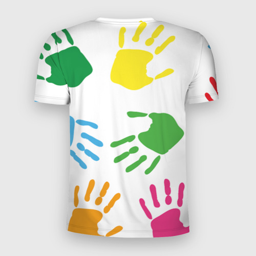 Мужская футболка 3D Slim с принтом Цветные ладошки - Детский узор, вид сзади #1
