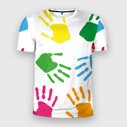 Мужская футболка 3D Slim с принтом Цветные ладошки - Детский узор, вид спереди #2