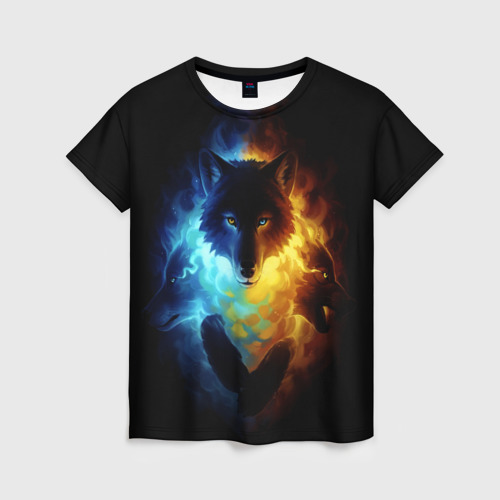 Женская футболка 3D с принтом Волки в огне, вид спереди #2