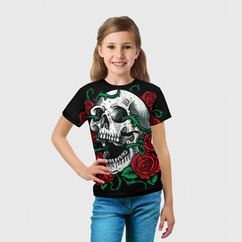 Детская футболка 3D с принтом Череп и Розы, вид сбоку #3