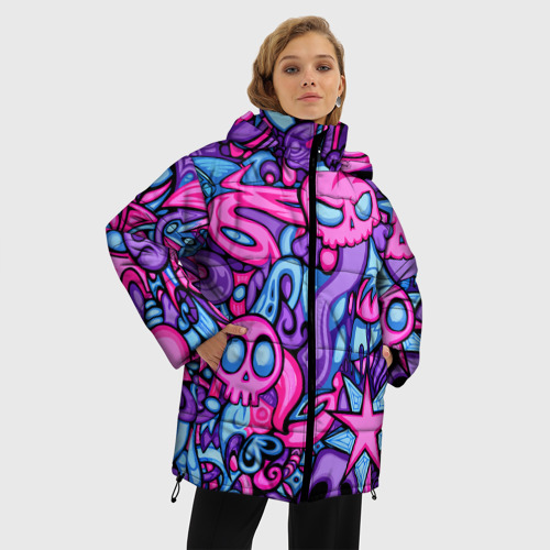 Женская зимняя куртка 3D с принтом Граффити монстры, фото на моделе #1