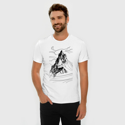 Мужская футболка хлопок Slim с принтом Одинокая гора, фото на моделе #1