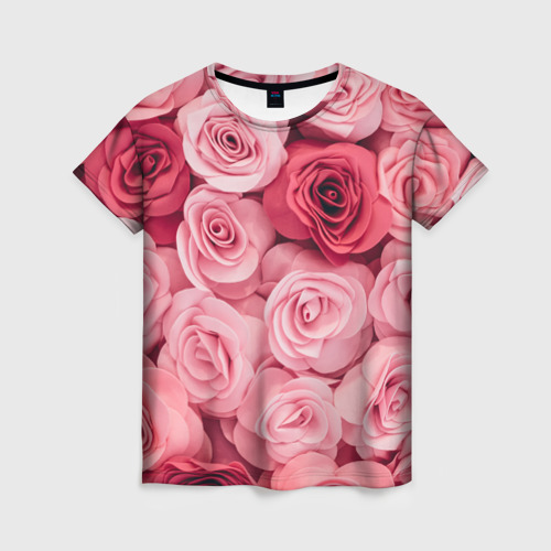 Женская футболка 3D с принтом Розовые Розы, вид спереди #2