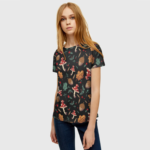 Женская футболка 3D с принтом Лесной принт с мухоморами, фото на моделе #1