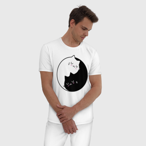 Мужская пижама хлопок с принтом Yin and Yang cats, фото на моделе #1