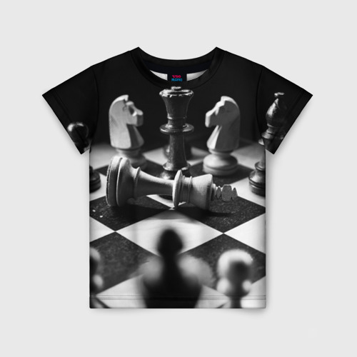 Детская футболка 3D с принтом Шахматы фигуры доска ход мат, вид спереди #2
