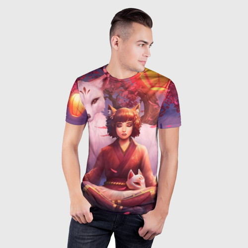 Мужская футболка 3D Slim с принтом Девушка-лиса, фото на моделе #1