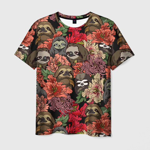 Мужская футболка 3D с принтом Ленивец & Цветочки, вид спереди #2