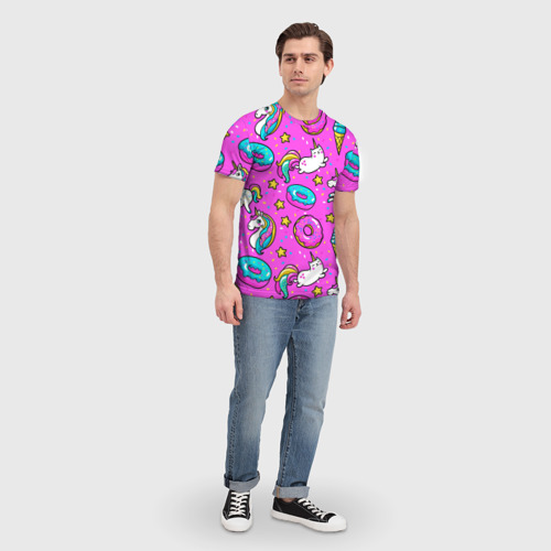 Мужская футболка 3D с принтом Единороги с пончиками, вид сбоку #3