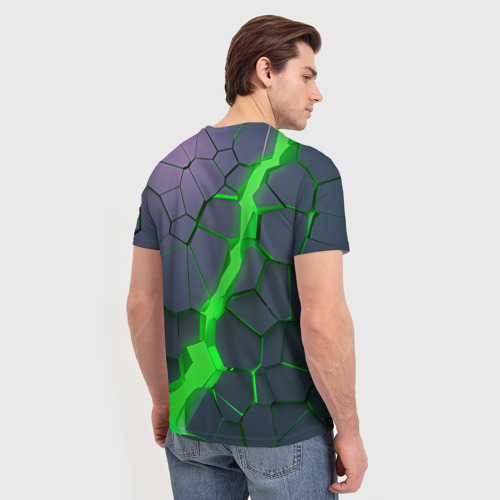 Мужская 3D футболка с принтом Зеленый разлом плит в трехмерном, вид сзади #2