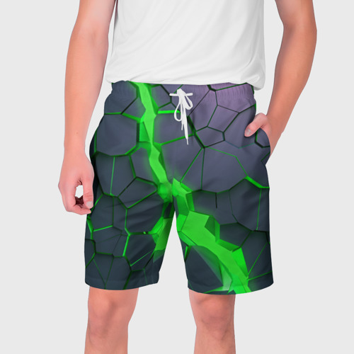 Мужские шорты 3D с принтом Зеленый разлом плит в трехмерном, вид спереди #2