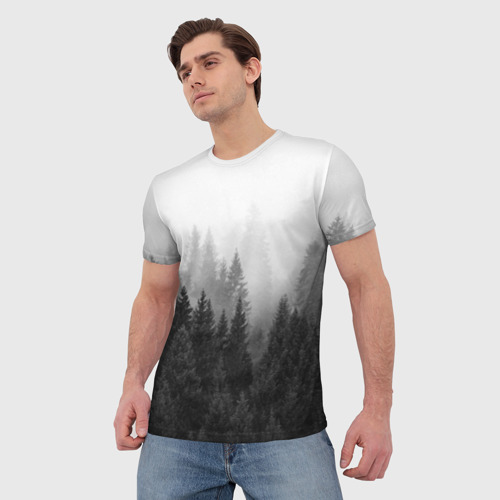 Мужская 3D футболка с принтом Туманный лес, фото на моделе #1