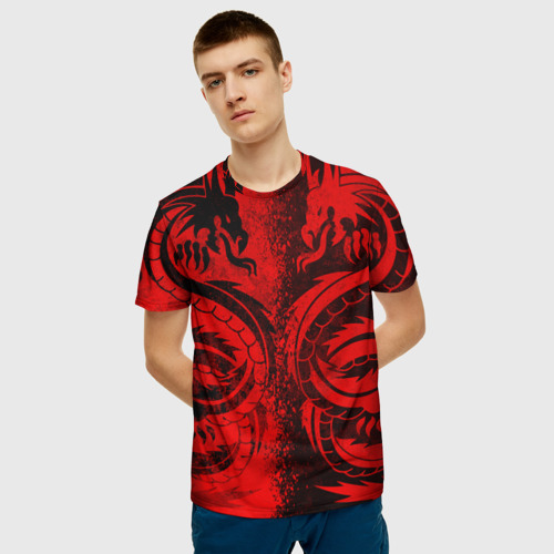 Мужская 3D футболка с принтом BLACK RED DRAGONS TATOO, фото на моделе #1
