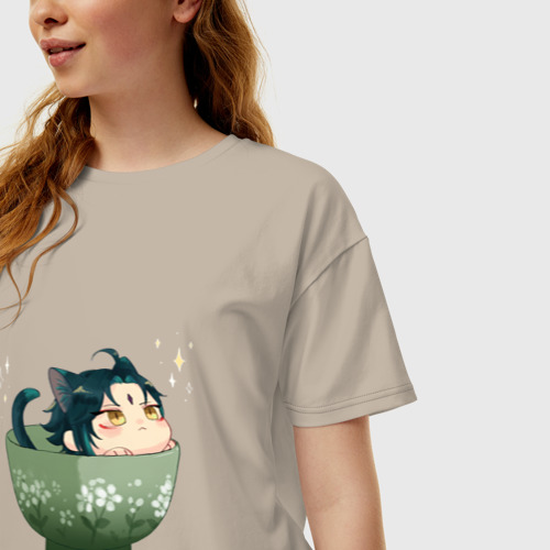 Женская футболка хлопок Oversize с принтом Котик Сяо, фото на моделе #1