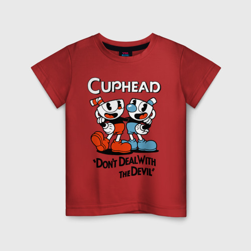 Детская футболка хлопок с принтом Cuphead, Don't deal with devil, вид спереди #2