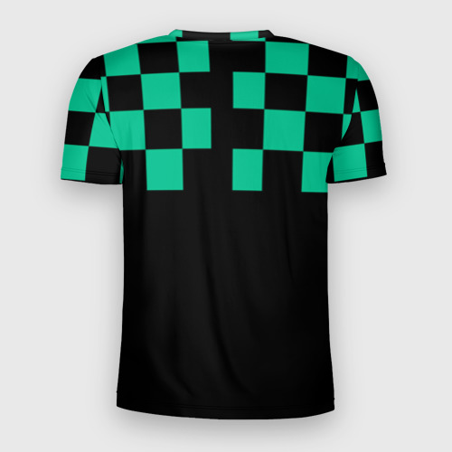Мужская футболка 3D Slim с принтом Kamado Tanjiro зеленые квадраты, вид сзади #1