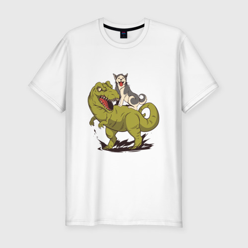Мужская футболка хлопок Slim с принтом Хаски верхом на Динозавре, вид спереди #2
