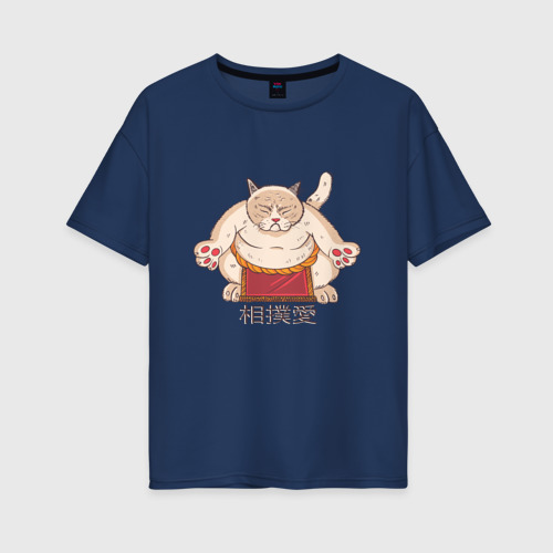 Женская футболка хлопок Oversize с принтом Толстый Кот Сумо, вид спереди #2