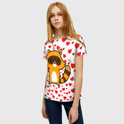 Женская футболка 3D с принтом Енот в сердечках, фото на моделе #1