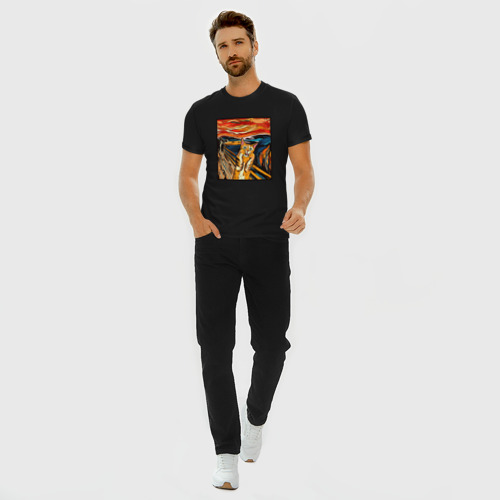 Мужская футболка хлопок Slim с принтом Кот пародия на Крик Мунка, вид сбоку #3