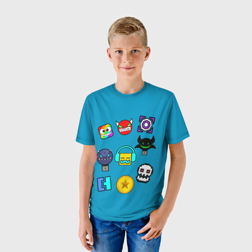 Детская футболка 3D с принтом Geometry Dash Icons, фото на моделе #1