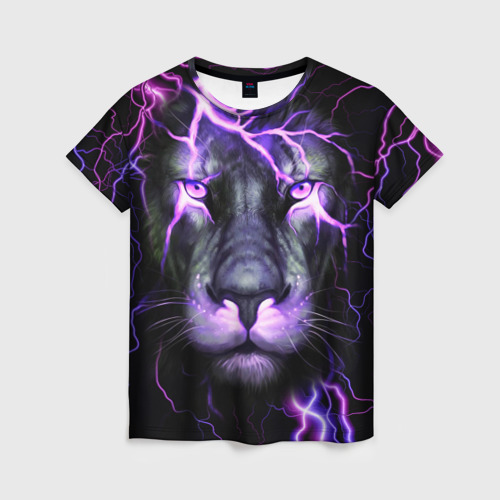 Женская футболка 3D с принтом НЕОНОВЫЙ ЛЕВ \ NEON LION, вид спереди #2