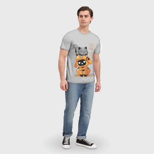 Мужская футболка 3D с принтом Cat and Robot (ЛСР), вид сбоку #3