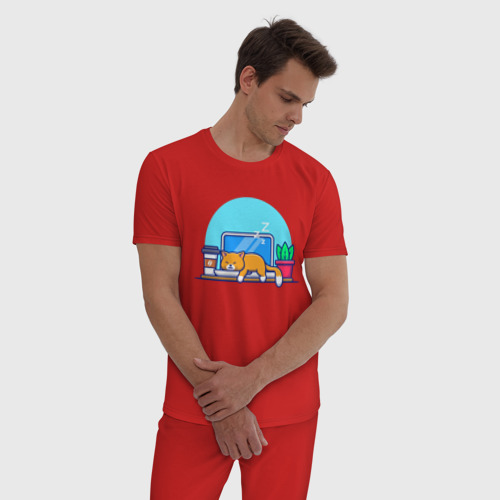 Мужская пижама хлопок с принтом КОТИК ПРОГРАММИСТА | РАБОЧЕЕ МЕСТО (Z), фото на моделе #1
