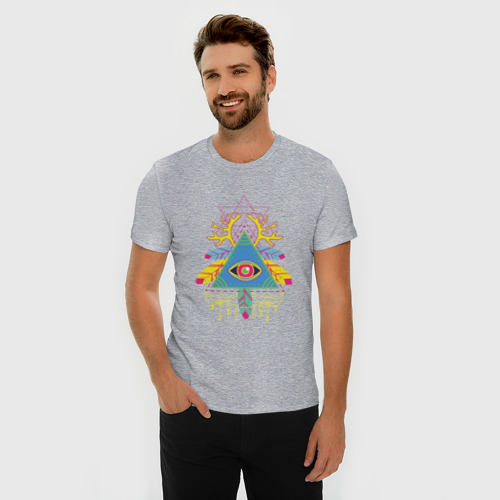 Мужская футболка хлопок Slim с принтом Пирамида психоделика, фото на моделе #1