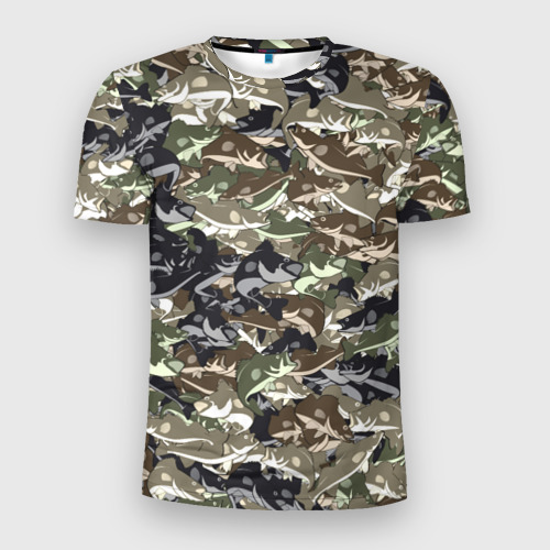 Мужская футболка 3D Slim с принтом Камуфляж для рыбака, вид спереди #2