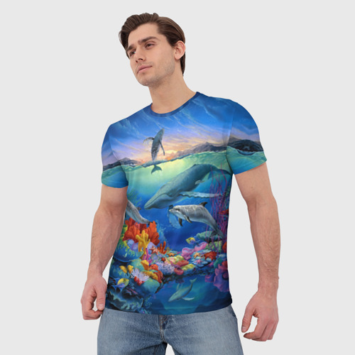 Мужская футболка 3D с принтом Киты и дельфины, фото на моделе #1