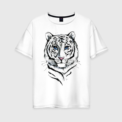 Женская футболка хлопок Oversize с принтом Белый тигр, вид спереди #2