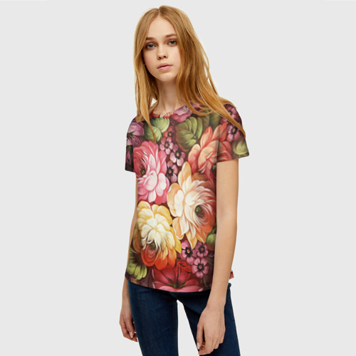 Женская футболка 3D с принтом Цветы на красном фоне, фото на моделе #1