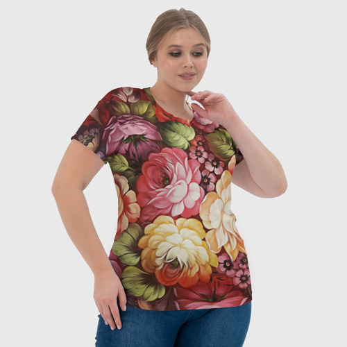 Женская футболка 3D с принтом Цветы на красном фоне, фото #4